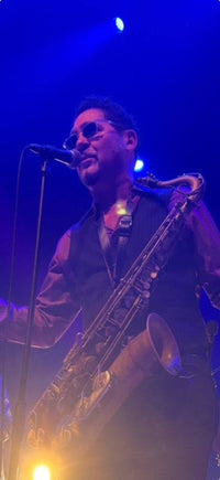 Sax Gordon with our black leather seventies sax strap